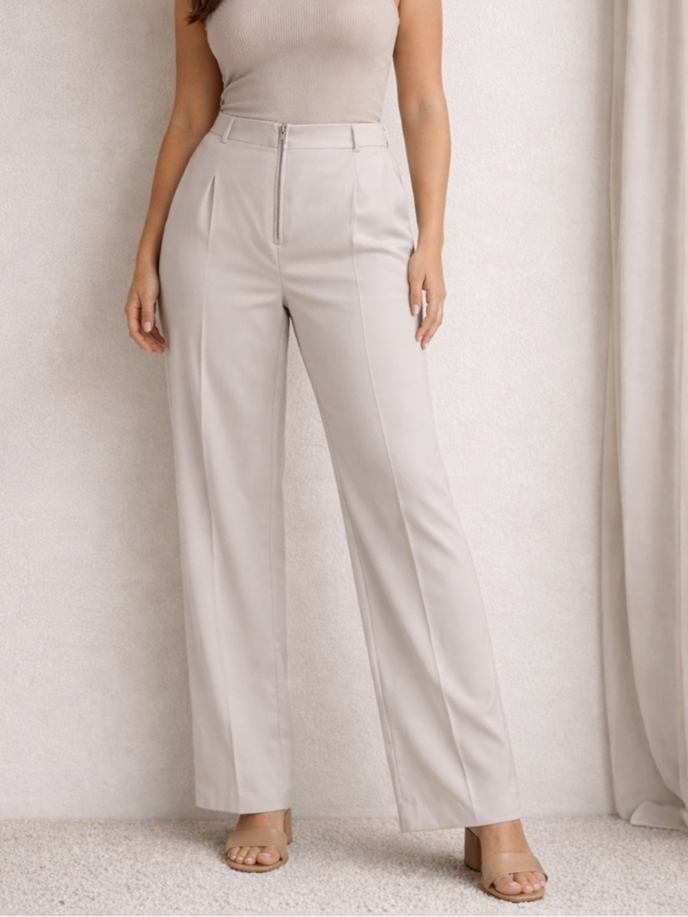 SHEIN Beige High-Waist Wide Leg Trousers